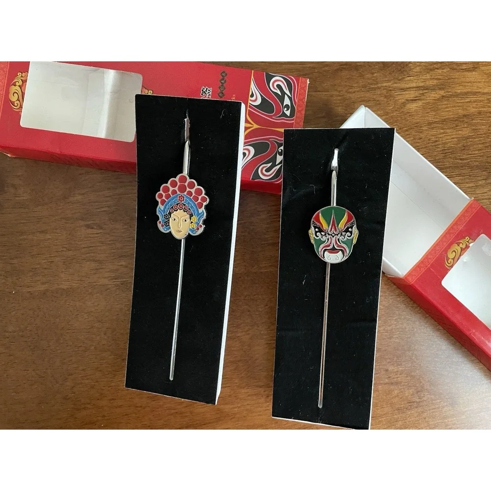Peking Opera Bookmarks‎ Enamel Metal Set of 2 Asian Warrior Mask in Boxes
